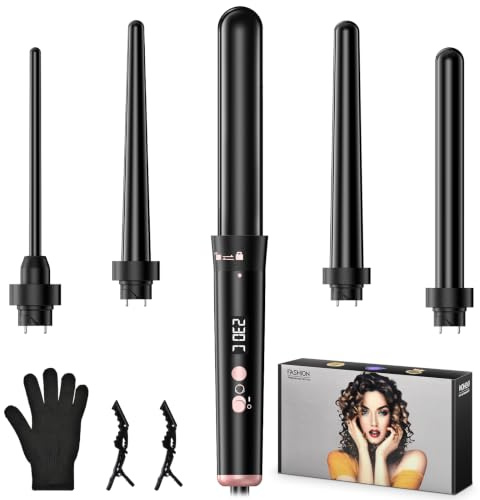 OHFAMO Fer à Boucler 5 en 1, Fer à Friser Boucleur Cheveux Céramique avec 5 Embouts Interchangeables 9-32mm pour Petites et Grosses Boucles, Chauffage Rapide, Température Réglable avec Gant et Pinces