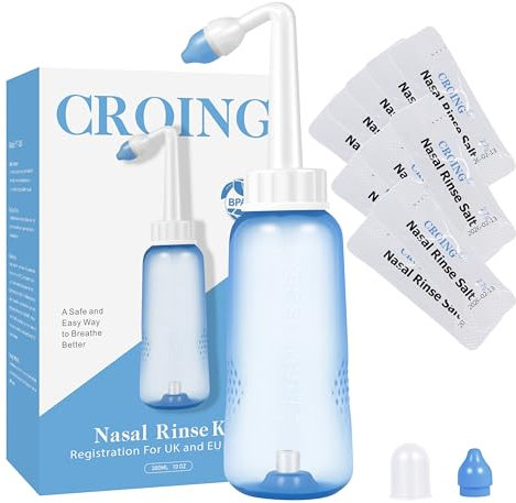 CROING 𝑵𝒂𝒔𝒆𝒏𝒔𝒑ü𝒍𝒖𝒏𝒈 -120 x Salz +1 x Nasendusche Flasche (300 ml)- Neti Pot, Nasenspülung, Nasenreinigung Nase Spülen,Nasal Rinse