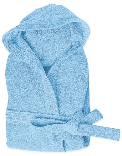 emmevi Peignoir en tissu éponge 100 % coton teinte unie souple avec poches et capuche pour homme femme, tailles S M L XL XXL S bleu ciel