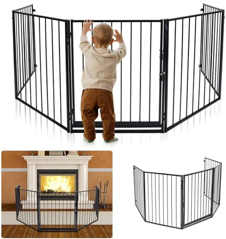 Aufun 5-tlg Metall Kaminschutzgitter mit Tür Schwarz Laufstall 60 x76 cm Kindersicherer Kaminzaun Türschutzgitter Absperrgitter für Hunde, Kinder Sicherung, 305cm Gesamtlänge