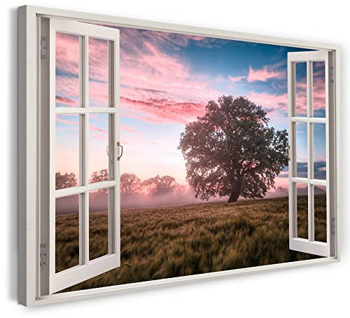 Print on Canvas (120x80 cm) view from the window - field of trees sunrise nature sky - nature photography, real wood frame with hook
