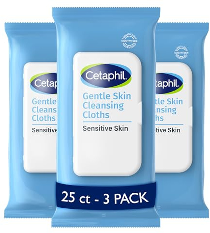 Cetaphil Face and Body Wipes, Gentle Skin Cleansing Cloths, 25 Count (Pack of 3), for Dry, Sensitive Skin, Flip Top Closure, Great for the Gym, Travel, in the Car, Hypoallergenic, Fragrance Free