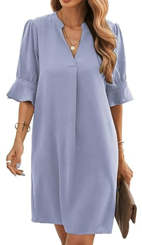 Famulily Ladies Summer Dress 2023 Short Sleeve Pleated Swing Casual Dress Knee Length Sky Blue M
