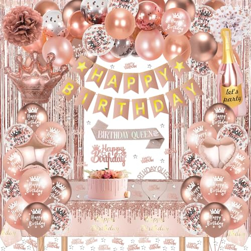 Rose Gold Birthday Decorations, Rose Gold Party Decorations Set Happy Birthday Banner, Latex Balloons, Star Heart Foil Balloons, Fringe Curtain Tablecloth Sash Tiara Crown Pom Poms for Women