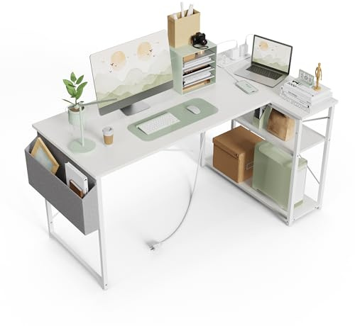 BEXEVUE Small L Shaped Desk with Power Outlets - 120x70cm Corner Computer Desk Writing Table, Reversible Large Storage Shelves, Bookshelf Workstation for Study Play Work Bedroom Home Office White
