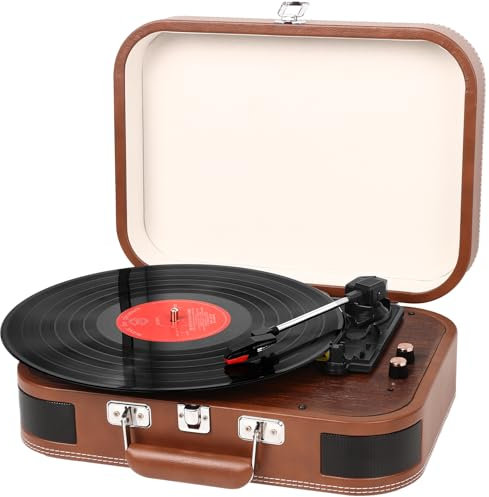 Platine Vinyle, Lecteur Vinyles avec Bluetooth USB AUX Haut-Parleur Stéréo Intégré Conception de Valise Rétro Vintage sans Fil 3 Vitesses 33/45/78, Marron