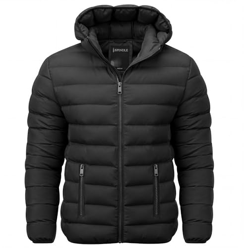 Spindle Mens Plain Black Hooded Padded Quilted Puffer Jacket Winter Coat 2 Zip PocketsSpindle Mens Plain Black Hooded Padded Quilted Puffer Jacket Winter Coat 2 Zip Pockets