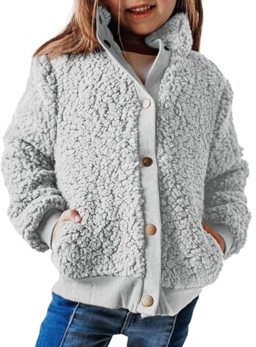 Haloumoning Giacca da ragazza a maniche lunghe Sherpa Teddy cappotto in pile per bambini giacca calda con tasche bottoni, grigio., 13-14 Jahre