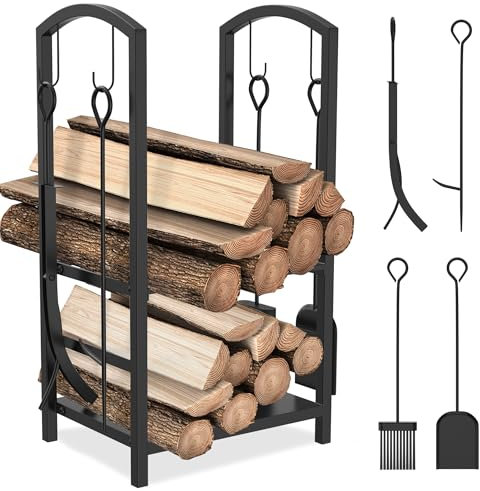 SUBTLETY Étagère à bois de cheminée en métal - 40 x 38 x 76 cm - Double couche - Avec 4 crochets - Avec pelle, pince, brosse et tisonnier - Pour l'intérieur et l'extérieur