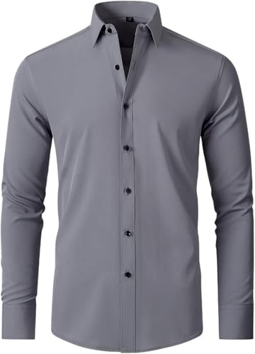 LTHTX Chemise Infroissable Homme, Chemise Extensible Décontractée à Manches Longues, Chemise Slim sans Repassage pour Fête De Mariage (Gris,Grand)
