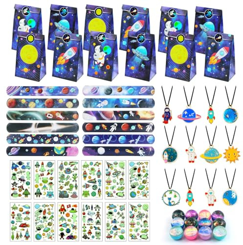 Hmfmdy Pochette Cadeau Anniversaire, 60 Cadeaux pour Fête Spatiale pour Anniversaire D'enfant, School Award Petits Jouets Fillers, Paquets Cadeaux de Fête pour Enfants, Balle Rebondissante, Bracelets