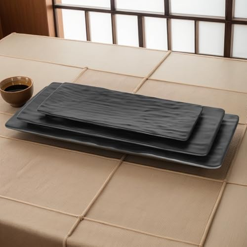 Yinshine Melamine Sushi Plates Set, 3pcs Black Rectangular Serving Trays, Square Dinner Plates Set of 3 (Large, Medium, Small)