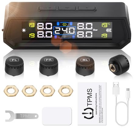 Liwogi TPMS Sistema di Controllo Monitoraggio con 4 Sensori Esterni Pressione Gomme Auto con Allarme, 73Psi/99Psi, 5bar per Camper