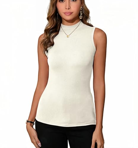 Dosieyeo Dampolotröja topp ärmlös elegant ribbad rullgardin med ståkrage mjuk stretch undertröja polotröja, Beige, L