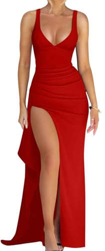 Memoriesea Women's Sexy Plunge Neckline Bodycon Ruched High Slit Party Maxi Dress Red