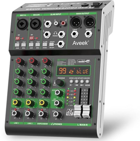 Aveek Mezclador de Audio,Mesa de Mezclas Profesional con USB/Bluetooth/Ordenador/Mezclador DJ de 4 Canales de Entrada Estéreo,48V Phantom Power 99 Efecto DSP para PC Estudio de Grabación Streaming