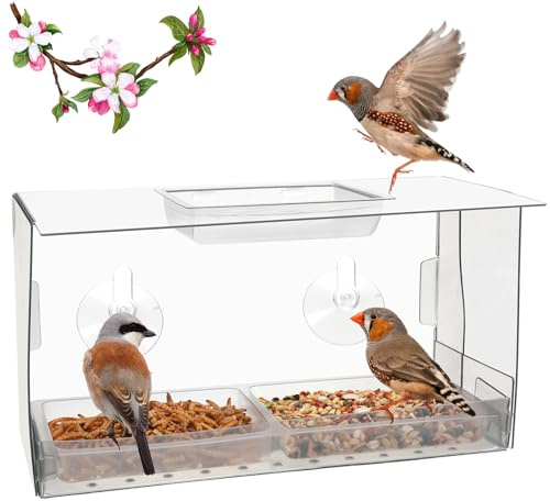 Window Bird House - Estación de alimentación de Aves a Prueba de Fugas Transparente con ventosas Bandeja Doble extraíble y Techo, para pájaros para pájaros Silvestres, decoración de jardín