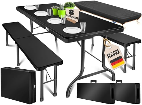 KESSER® Garniture de tente chapiteau 3 pièces Ensemble Table & 2x Banc | Table de buffet pour l'intérieur & l'extérieur Garniture de jardin pliante 183x76x74cm en plastique Table pliante aspect rotin