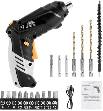 Cordless Screwdriver, 3.6V 1300mAh Mini Electric Screwdriver Set, Compact and Lightweight USB Rechargeable Built-in LED Light with Flexible Shaft and USB Cable, 17 Accessories(COLOR:black)