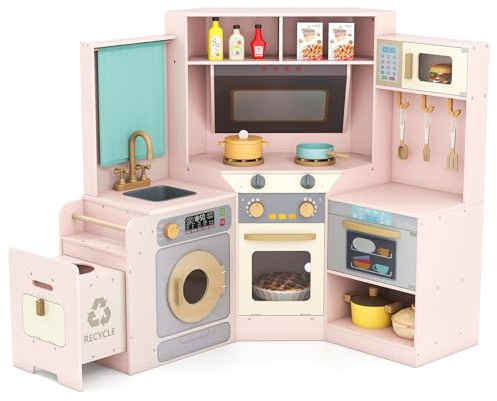 COSTWAY Kids Play Kitchen, Wooden Corner Pretend Kitchen with Lights & Sounds, Pull-Out Trash Can, Microwave, Oven, Washer, Children's Chef Role Play Set for Boys Girls (Pink)