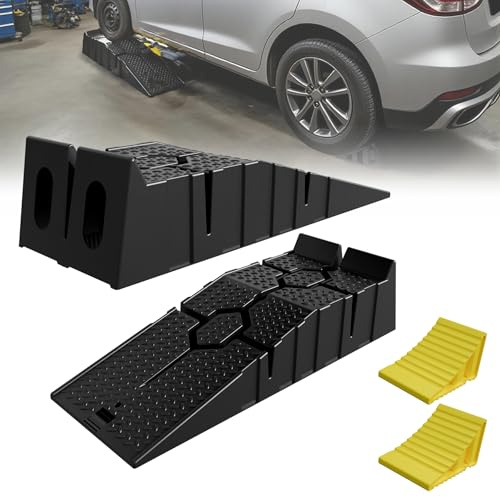 Froadp Auffahrrampe 2er Set mit Radkeilen Überfahrschutz Gelb Kunststoff Verladerampe rutschfest Laderampe Autorampen KFZ Rampe für Auto Wartung und Reparatur Auffahrkeile 5T Traglast pro Paar