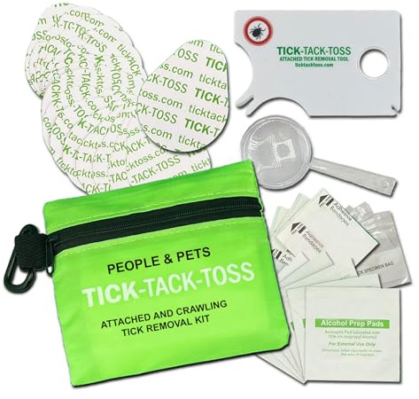 Tick-Tack-Toss Premium Tick Removal Kit for People and Pets, Crawling and Attached Tick Removal Tools, Travel Pouch, ID Card, Magnifying Glass, 32 Removal Pads (1)