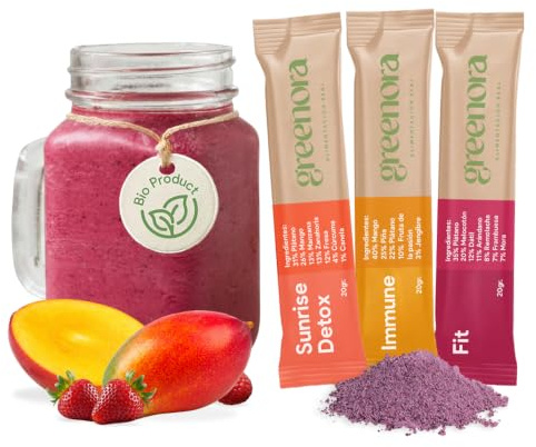 GREENORA Ekologisk Vegansk Smoothie av Frystorkad Frukt, Smakmix, Banan, Mango, Äpple, Morot, Jordgubbe, Gurkmeja och Kanelpulver, för Bowls och Recept, 100% Naturlig, Sockerfri, 9 Stycken
