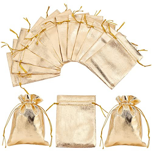 nbeads 50 Stück Geschenksäckchen, 9×12 cm Rechteck Goldene Schmuckbeutel Kordelzug Weihnachten Geschenkbeutel Geschenksäckchen für Schmuck Lagerung Geschenk Süßigkeiten Verpackung Weihnachten