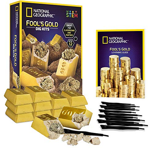 National Geographic Fool’s Gold Dig Kit – 12 Gold Bar Dig Bricks with 2-3 Pyrite Specimens Inside, Party Activity with 12 Excavation Tool Sets, Great STEM Toy for Boys and Girls or Party Favors