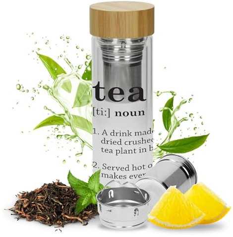 Uakeii Botella de té con colador to Go de 450 ml con tapa de bambú, doble pared, perfecta para el té, 100% libre de BPA (Tea - Diseño 1)