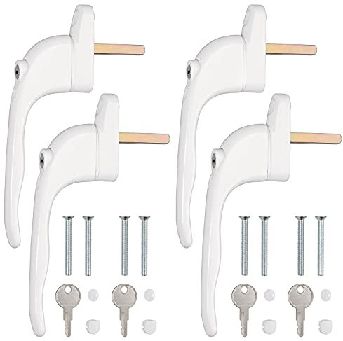 Kamtop 4 PCS Window Handles, Universal Lockable Inline Replacement Window Handles with Key, Aluminum Left or Right Espag Handles for UPVC Window with 43mm Spindle Length, White