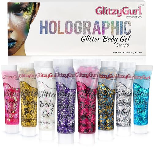 Holographic Glitter Face and Body Gel 8 Pack Cosmetic Glitter, Body Glitter, Hair Glitter, Festival Gel