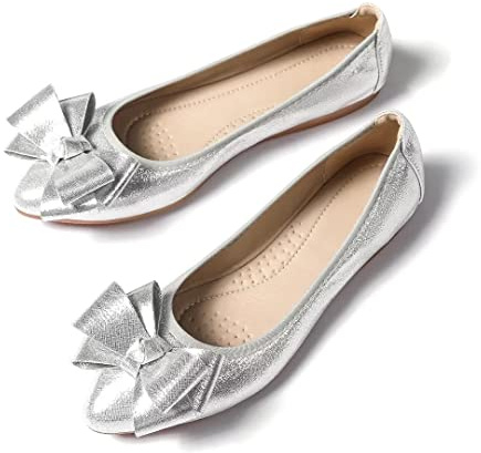 Stunner Womens Ballet Flats Shiny Pointed Toe Foldable Flats Comfort Bowknot Slip on Walking Shoes Silver 45(13)