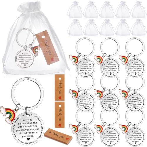 WWmily 30 Tack-Nyckelring Present Set - Regnbåge Inspirerande med 10 Tackkort, 10 Organza-Väskor - Anställd Uppskattning Present till Medarbetare