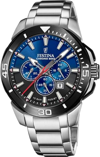 FESTINA Reloj Hombre Analógico de Acero Inoxidable 316l Plateado - Movimiento de Cuarzo - Cronógrafo - Calendario - Cristal Mineral de Alta Resistencia - Resistente al Agua 10 ATM F20641/C Chrono Bike