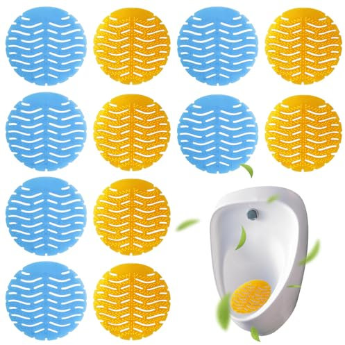 Vueinrg 12 Stück Urinalsieb mit Duft Pissoir Sieb Spritzschutz Urinal Einsatz Urinaleinlage Pissoirsieb Lufterfrischer Urinaleinsatz für Jedes Pissoir Urinal (16cm, Blau + Orange)