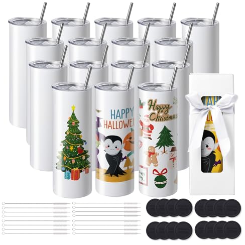 VEVOR Gobelets Thermos à Sublimation de 59 cL, 16PCs, Fins et Droits, Bouteille Sublimable en Acier Inoxydable, Vierges, à Double Paroi, Cadeaux Personnalisés avec Couvercle et Paille, Boîte Cadeau