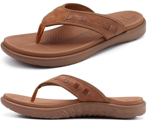 KuaiLu Mens Leather Sport Flip Flops Comfort Orthotic Thong Sandals with Plantar Fasciitis Arch Support for Outdoor Summer