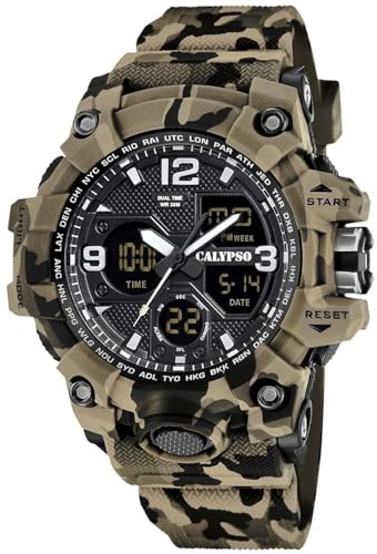 Calypso Orologio Digitale Analogico Uomo Gomma Marrone - Quarzo, 5 ATM, Data, Cronografo, Doppio Fuso, Luce, Allarme, 12/24 h - K5855/1 X-Trem
