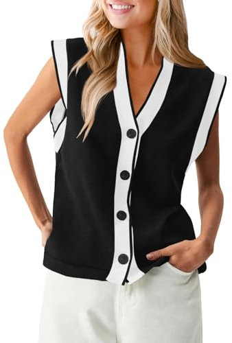 Saodimallsu Damen Ärmellos Weste Stricken V Ausschnitt Knopf Oberteil Mode Lässig Lose Strickjacke Frauen Sommer Strickweste Schwarz, L