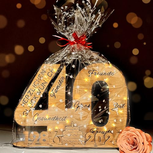 YUNLI Cartello in legno, libro degli ospiti, 40 compleanni, donne e uomini, compleanno con catena luminosa a LED e sacchetti di cellophane, 2024, cartello in legno, libro degli ospiti, compleanno,