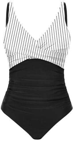 CMTOP Bañadores Mujer Reductores Push Up Cuello en V Acolchado Traje de Baño Una Pieza Vientre Plano Ropa de Baño Control de Barriga Playa Trajes Cintura Alta Pliegues Monokini(Blanco+Negro Rayas,XXL)
