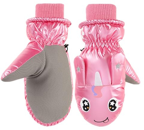 QKURT Kids Winter Ski Gloves Waterproof Snow Mittens Anti Slip Plush Warm Unicorn Gloves For Children Girls Boys 5-10 Years Old