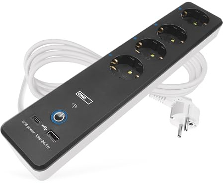 EMOS GoSmart - 4fach Steckdosenleiste mit WiFi und App - 2m Smart Home WLAN Steckerleiste Schuko mit 2 USB Ports (USB-C, USB-A), Schalter, Wattmeter und Timer - kompatibel mit Alexa, Google Assistant