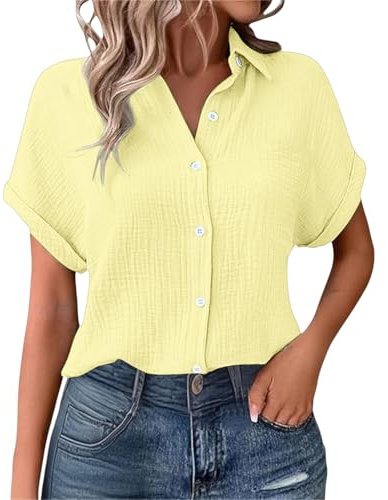 blusen Damen, Musselin Bluse Damen Shirts Bluse Elegant Tunics Sommer Tshirt Kurzarm Leinen Knopf Bluse Lange Oversized T-Shirt Casual für Leggings, gelb XXL