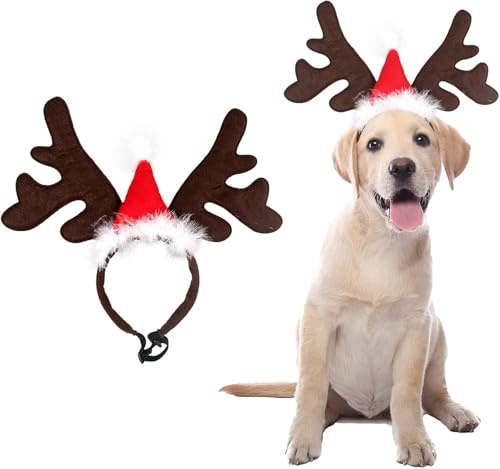 Bandeau de Noël pour animaux de compagnie, costume de bois de renne, article de Noël pour animaux de compagnie, serre-tête réglable avec bonnet de Noël, chapeau d'élan, marron, coton et peluche, 32 cm