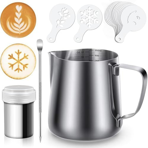 Rostfritt stål mjölkkanna, mjölkskumkanna, mjölkkanna rostfritt stål 350 ml med mätning Mark latte Art Pen spridningsburk 16 motivmallar för cappuccino, espresso, kaffe kärlek