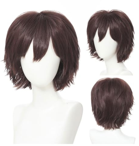 FOUNSHO Anime Kort brun peruk för män kvinnor, 12 tum/30 cm vuxen cosplay korta peruker, 70-80 år Cosplay Kostym Peruk Herr Naturlig Rak Hålla Peruk för Halloween Party (Brun)