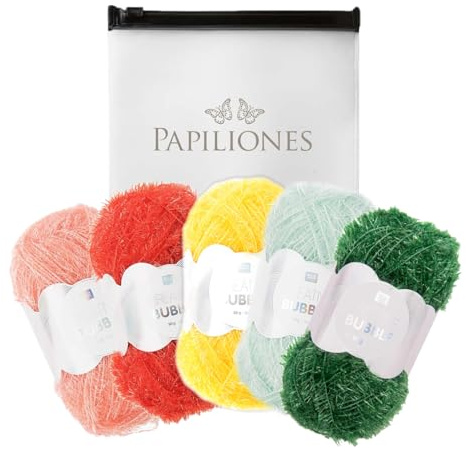 Camtiac Creative Bubble Filato per lavorare a maglia, filato estivo, 2 giallo, 5 melone, 6 rosso, 8 menta, 19 abete, 5 x 50 g, con custodia Papiliones