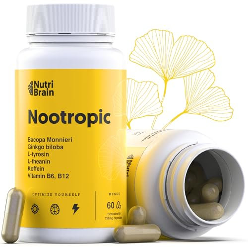 Nootrópico Natural Envase XL 60 Cápsulas | Fórmula para incrementar la energía, concentración y agilidad mental | Cafeína, Ginko Biloba, Tirosina, Teanina, Bacopa Monnieri y Vitaminas
